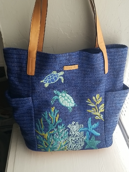 Vera Bradley Handbags - Vera Bradley Navy Blue Embroidered Sea Turtle Tote with Tan Straps